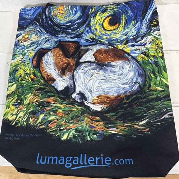 Lumagallerie Sleepy Jack Russel Pup Night Aja Terrier Black Canvas Bag - Picture 1 of 11